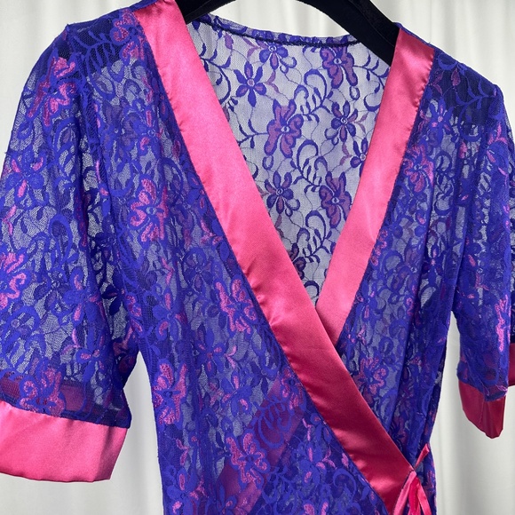 Vintage Purple Lace Wrap Robe Pink Satin Trim 80s Lingerie - Picture 6 of 16
